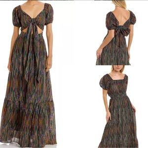 RAMY BROOK Striped Cutout Waist Megan Maxi Dress Cotton Blend Tie Front or Back